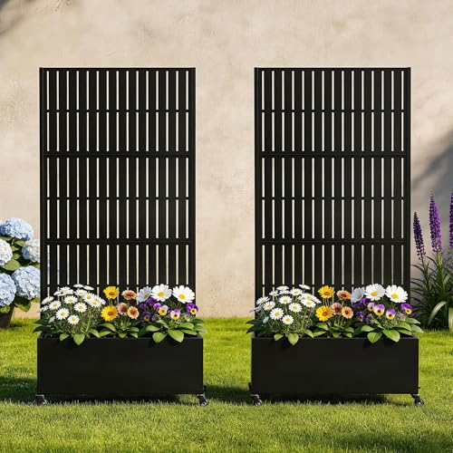 Pia Ricco Planter Box with Trellis, Privacy Planter for Climbing Plants - color: Black-parallel Lines, size: Medium