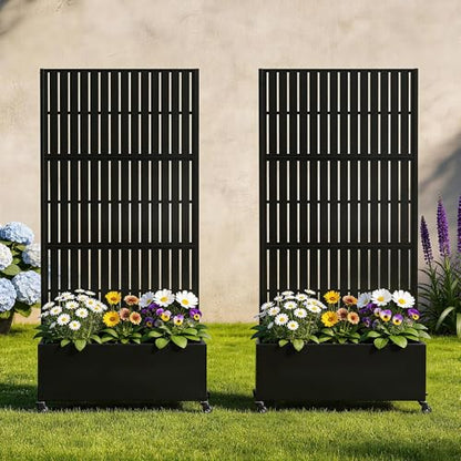Pia Ricco Planter Box with Trellis, Privacy Planter for Climbing Plants - color: Black-parallel Lines, size: Medium