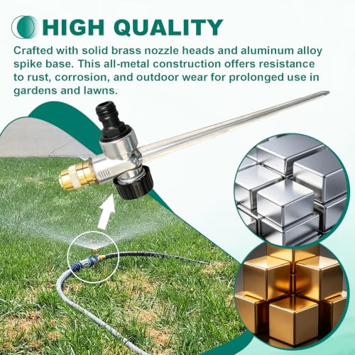 2 Pack Metal Lawn Sprinkler 360° Adjustable Brass Nozzle Spike Base
