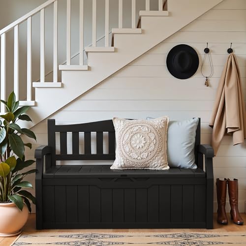 Greesum 80 Gallon Outdoor Storage Bench, Deck Box, Dark Black - color: Dark Black, style: Basic Version