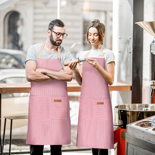BeLuyi 2 Pack Adjustable Bib Apron with 2 Pockets Chef Cooking Kitchen Restaurant Aprons for Women Men - color: Red Pinstripes
