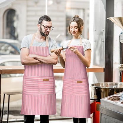 BeLuyi 2 Pack Adjustable Bib Apron with 2 Pockets Chef Cooking Kitchen Restaurant Aprons for Women Men - color: Red Pinstripes