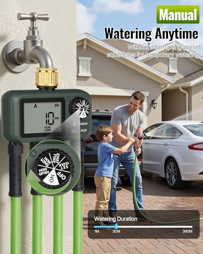 Brass Sprinkler Timer with Swivel, Programmable Water Timer for Garden Hose with Auto/Manual/Rain Delay Watering, Digital Irrigation System Kit,for Garden, Yard, Lawn 4 Outlet F14WT06