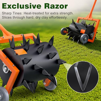 Heavy-Duty Push Lawn Aerator Roller with Steel Spikes for Compacted Soil - color: Orange