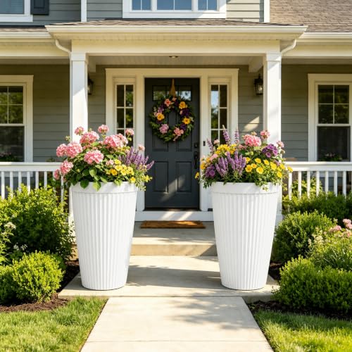 2-Pack 20" Matt White Resin Tall Planters with Fluted Texture - color: 20"h-white Ceramic
