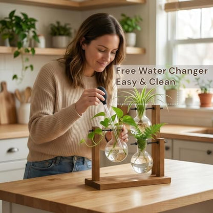 Plant Propagation Station, Wooden Stand with 3 Glass Vases