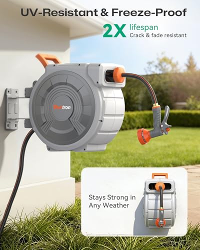 Retractable Garden Hose Reel 1/2"x150ft, 3-Ply Reinforced Heavy Duty Garden Hose Reel, Kink-Free Rewind and Lock at Any Length, Rust Prevention Metal Mount, 180° Swivel Bracket for Lawn & Gardening - color: 150 Ft X 1/2 Inch