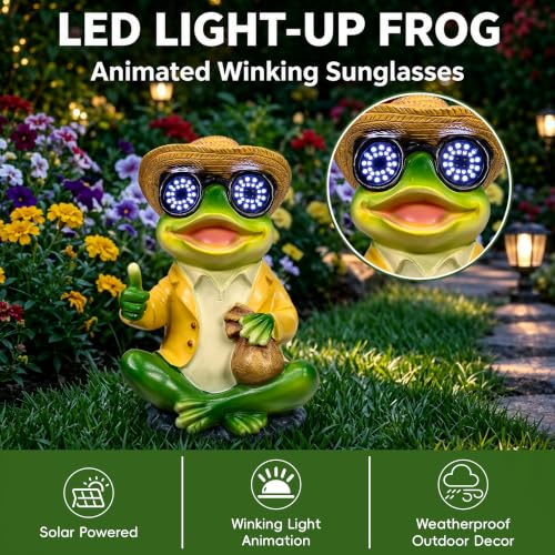 Solar Frog Statue with Blinking LED Eyes, Solar Powered Garden Decor - color: Green Solar Frog Statue