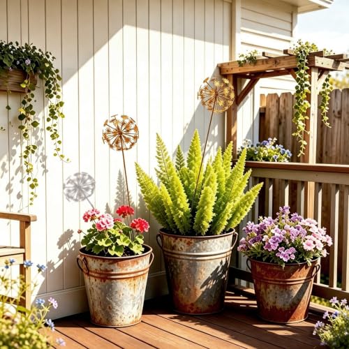 Rustic Dandelion Garden Stakes 2 Pack, 3D Rusty Metal Flowers Sculpture - color: Style 1