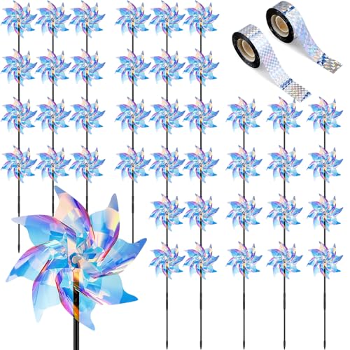 Qualirey 42 Pcs Bird Deterrent Reflective Pinwheels with Stakes and Bird Repellent Scare Tape Ribbon Double Side Sparkly Wind Spinner Devices for Garden Lawn Farm