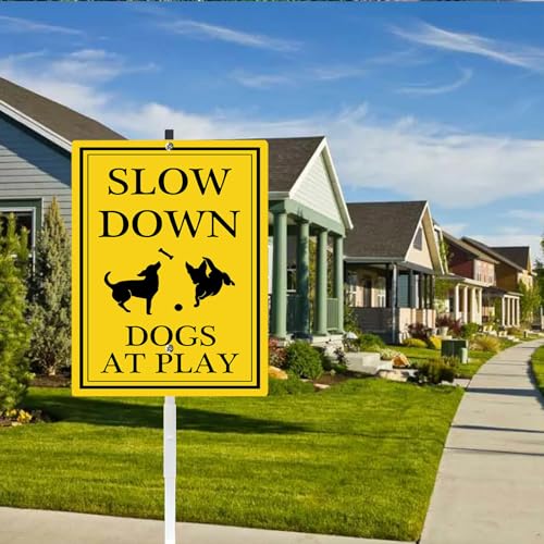 Slow Down Dogs at Play Yard Sign with Stake Dog Pets Crossing Safety Signs Rustproof Reflective Aluminum Caution Drive Slowly Watch for Dogs Sign for Street Neighborhoods - color: B11