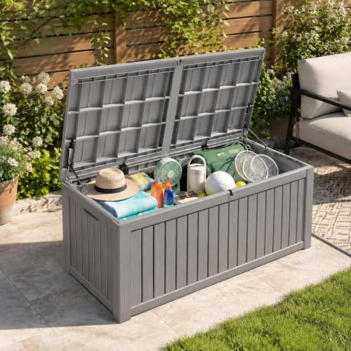 Outdoor Deck Storage Box,Waterproof,Grey,220 Gallon - color: Striped Gray, style: 220 Gallon