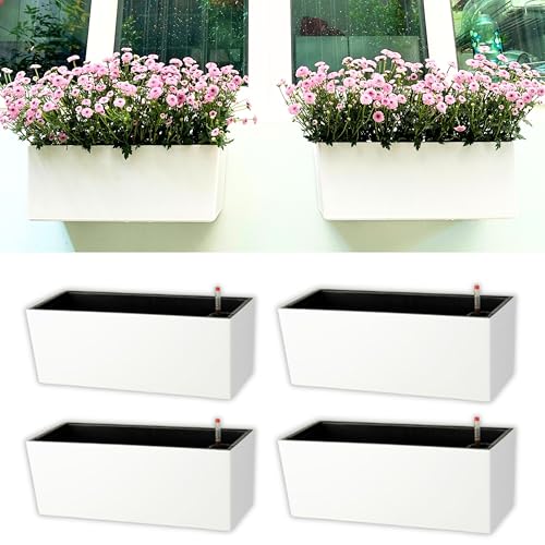 LaLaGreen Outdoor Wall Planters (14 Inch, 4 Pack) White Self-Watering Wall Mounted Flower Boxes, Rectangular Window Box Hanging Planters Plastic Containers Pot Indoor Herbs Modern Home Garden Decor - size: 14" (36 cm) x 4 Pack