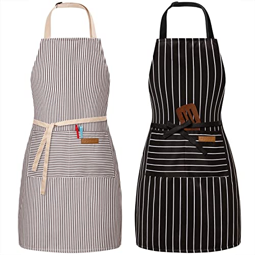 BeLuyi 2 Pack Adjustable Bib Apron with 2 Pockets Chef Cooking Kitchen Restaurant Aprons for Women Men - color: Black/Brown Stripes