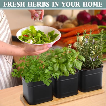 LemonRoad 6 Pcs Indoor Herb Planter Window Herb Pots for Kitchen with Drainage Hole and Bamboo Tray Farmhouse Metal Garden Planter Pot with DIY Label Mom Plant Gift(Black,Square)