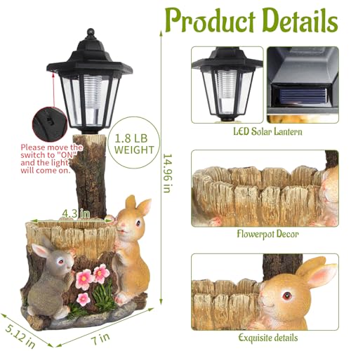 Solar Bunny Statue Outdoor, Rabbits Figurine with Flowerpot & Lantern - color: Bunny