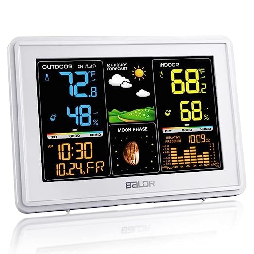 BALDR Weather Station Wireless Indoor Outdoor, Digital Colorful Thermometer with Atomic Clock, Wireless Home Weather Station with Barometer and Moon Phase