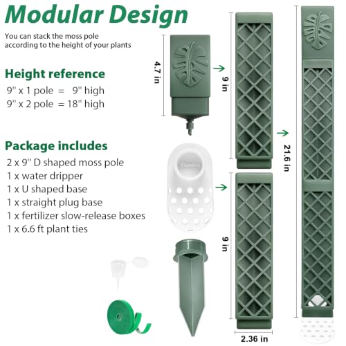2 Pcs 9 Inch D Shaped Moss Pole with Watering Dripper, Plastic Moss Poles for Climbing Plants, Sturdy Monstera Plant Support, Self Watering Moss Pole Kit for Plants Indoor (1Pack 2Pcs-Green) - size: 1Pack 2Pcs-Green