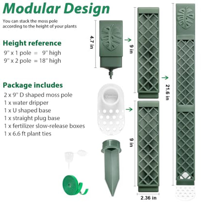2 Pcs 9 Inch D Shaped Moss Pole with Watering Dripper, Plastic Moss Poles for Climbing Plants, Sturdy Monstera Plant Support, Self Watering Moss Pole Kit for Plants Indoor (1Pack 2Pcs-Green) - size: 1Pack 2Pcs-Green