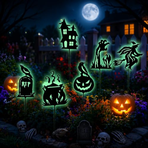 Hicarer 6 Pcs Halloween Glow in The Dark Metal Witch Garden Stakes Outdoor