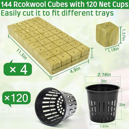 Halatool 144PCS 1.2" Rockwool Cubes & 120PCS 2" Net Cups for Hydroponics - size: 1.2" rockwool-144pcs+2" net cups-120pcs