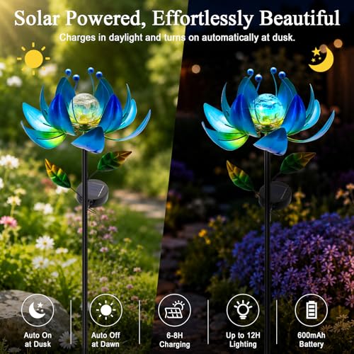 Solar Wind Spinners for Yard and Garden, Color-Changing Metal Lotus Flower - color: Blue