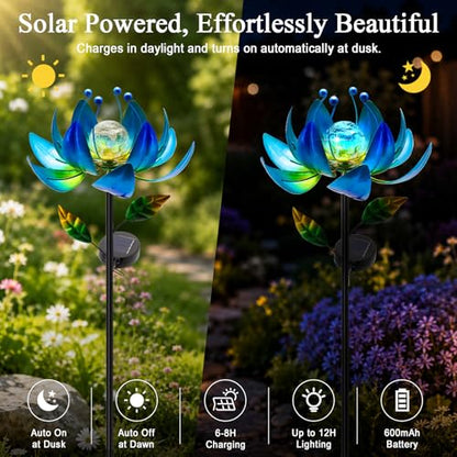 Solar Wind Spinners for Yard and Garden, Color-Changing Metal Lotus Flower - color: Blue