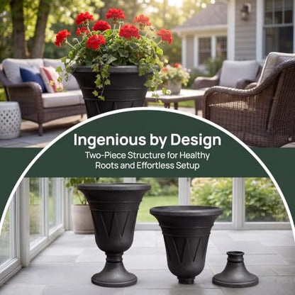 24" Tall Urn Planters for Outdoor Plants, Urns and Pedestal, Black - color: Black-concrete Look/Sandblasting