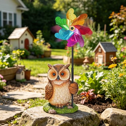 Owl Statue with Reflective Wind Spinners Garden Decor - size: Owl