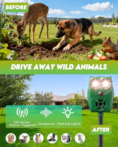 Solar Animal Repellent Ultrasonic Deer Deterrent - 2 Pack Waterproof Adjustable Large Solar Panel with Power Indicator, Motion Sensor & Outdoor Animal Repeller to Deter Cat, Coyote, Raccoon