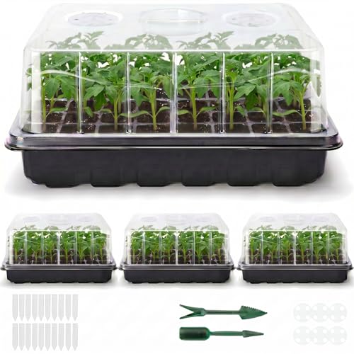 Delxo 144 Cells Seed Starter Kit 3 Pack Large Seedling Starter Tray Total with Humidity Domes - Adjustable Vents & Deep Base Germination Kit for Indoor Gardening - Includes 10 Tags & Tools - size: 48 Cells