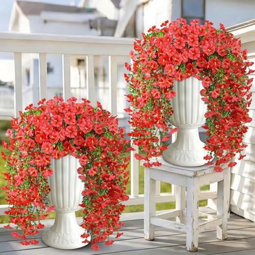 Artificial Hanging Flowers for Outdoors, 4 PCS 600 Blooms UV Resistant Morning Glory Faux Silk Vines, No-Odor Realistic Fake Plants for Garden Planter Porch Patio Decoration, Red - color: Red
