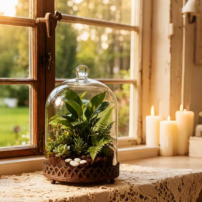 Twakutwku 14" Tall Large Sturdy Handmade Glass Cloche Dome with Metal Base in Rustic Brown for Plant, Terrarium, Collectibles, Candle. Cloche Glass Dome, Bell Jar Display Case (Brown, 14") - color: Brown, size: 14"
