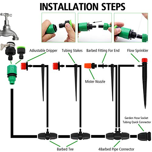 Drip Irrigation System, 100FT Drip Irrigation Kit for Garden - 50FT Main & 50FT Branch Tubing, Adjustable Nozzles for Drip or Mist Cooling, Irrigation System for Garden, Lawn, Patio, Raised Bed - size: 100FT