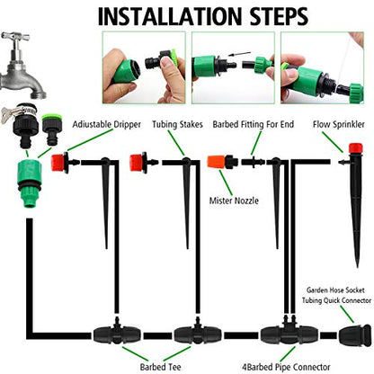 Drip Irrigation System, 100FT Drip Irrigation Kit for Garden - 50FT Main & 50FT Branch Tubing, Adjustable Nozzles for Drip or Mist Cooling, Irrigation System for Garden, Lawn, Patio, Raised Bed - size: 100FT