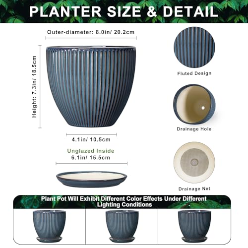 Ceramic Plant Pots, 8 Inch Planters with Saucer, Retro Blue - color: Retro Blue, size: 8 Inch