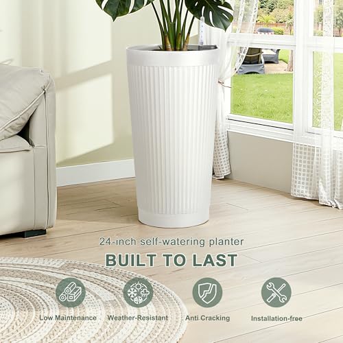 24" Self Watering Tall White Planters Outdoor Set of 2 - color: White Round