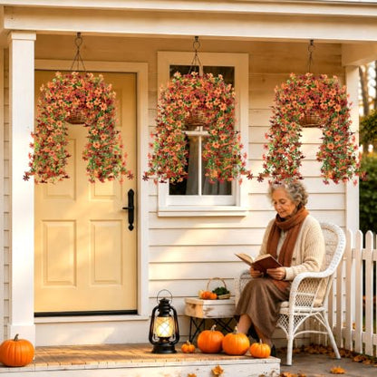 8 Pcs Artificial Hanging Flowers for Outdoors Fake Mums Decor, Red Orange