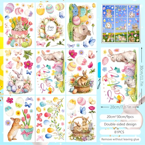 81PCS Easter Window Clings - Easter Window Clings for Glass Windows, Easter Egg Bunny Butterfly Stickers for Window Decals, Double-Sided Spring Flower Window Stickers for Easter Decorations (9 Sheets) - style: A-Easter
