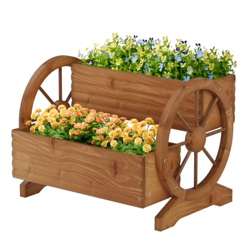 Wood Wagon Planter for outdoor Plants Cute Garden Flower Pots Cart Porch, L - color: Brown-large