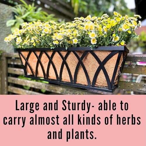 LaLaGreen Wall Planters (4 Pack, 36 Inch) Black Metal Rectangular Hanging Flower Box Window Boxes Planters with Coco Liner Rustic Flower Basket Plant Holder Deck Rail Railing Patio Large Balcony Fence - size: 36" (91cm) x 4 pack