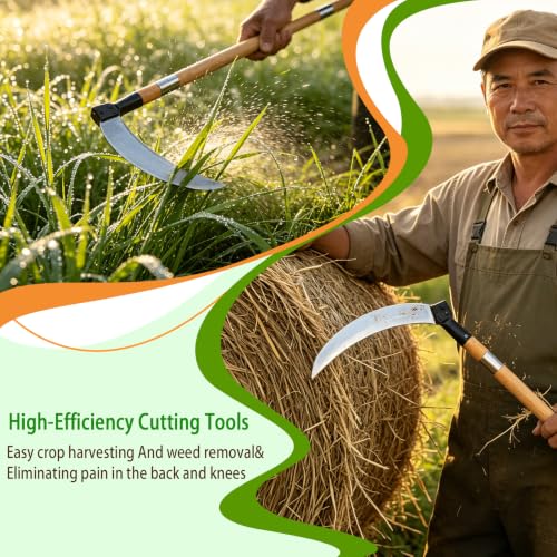 Beech Wood Long Handle Weeding Sickle, 12.6'' Sharp Blade for Efficient Weed & Brush Clearing, Upright Scythe for Weeding Farm Harvesting Clearing Vines Yard Gardening Pruning