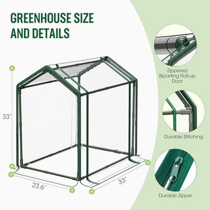Mini Greenhouse with Zippered Doors & Roll-up Windows, Elevated Bottom Portable Plant Hot House with Durable PVC Cover, Water Resistant, UV Protected for Outdoor Flowers, Vegetables