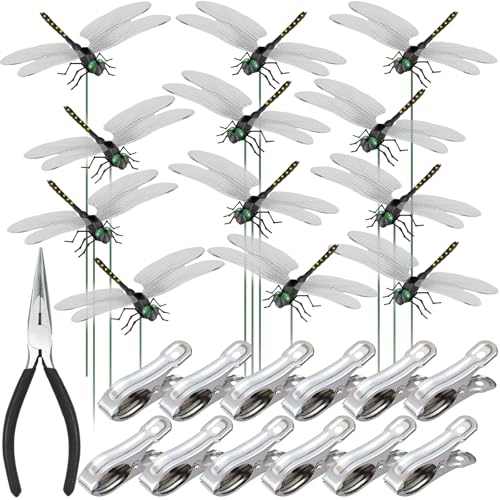 NiHome 12 Pack 3D Dragonfly Clips, Fake Garden Decor, Waterproof PVC, Black - color: Black