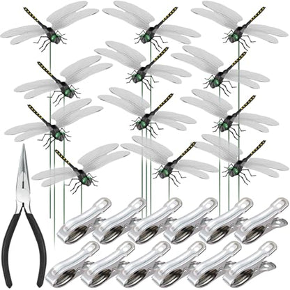 NiHome 12 Pack 3D Dragonfly Clips, Fake Garden Decor, Waterproof PVC, Black - color: Black