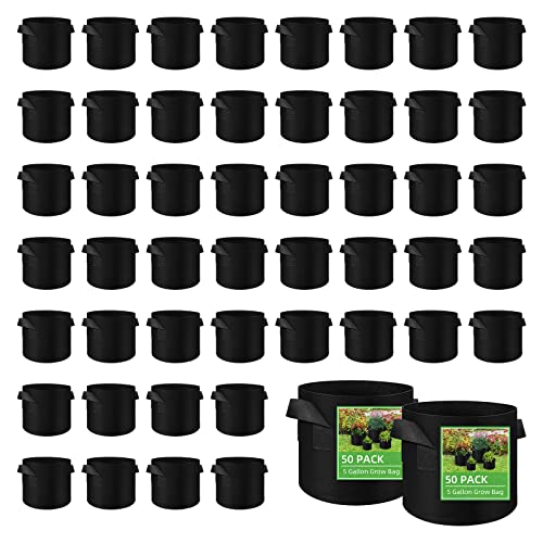 LITLANDSTAR 50 Pack 5 Gallon Plant Grow Bags, Breathable Felt Non-Woven Aeration Fabric Plant Grow Pots, Garden Planting Containers for Nursery Vegetable Flower Grow Bags with Handles (11.8x9.8inch) - size: 5 Gallon