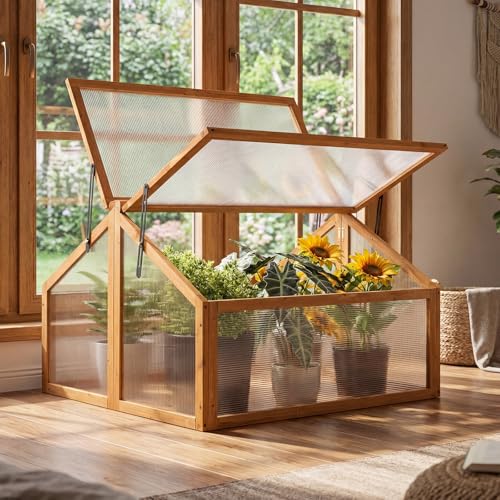 Giantex Wood Cold Frame Greenhouse, Portable Raised Flower Planter Protection with Transparent Openable Roof, Small Indoor Outdoor Hot House for Garden Sunroom Balcony, 36”x33”x23” - size: 36”x33”x23”