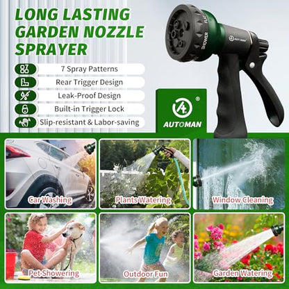 AUTOMAN Garden Hose Nozzle, Water Sprayer Nozzle with 7 Adjustable Watering Patterns,Slip Resistant Nozzle for Plants,Lawn,Washing Cars,Window Cleaning,Showering Pets & Outdoor Fun. - color: Green