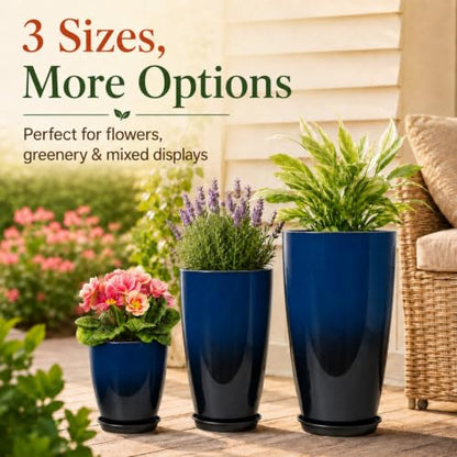 Neoaider Set of 3 Tall Planter, 24/21/12in Large Plastic Planter, Dark Blue - color: Dark Blue