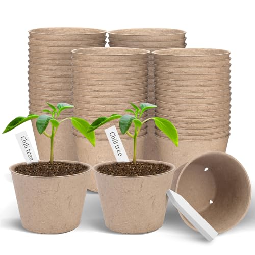 Peat Pots, 60 Pack Plant Starter Round Nursery Pot with Drainage Holes, Garden Germination Seedling Pots with 30 Plant Labels (4 Inch) - size: 4 Inch